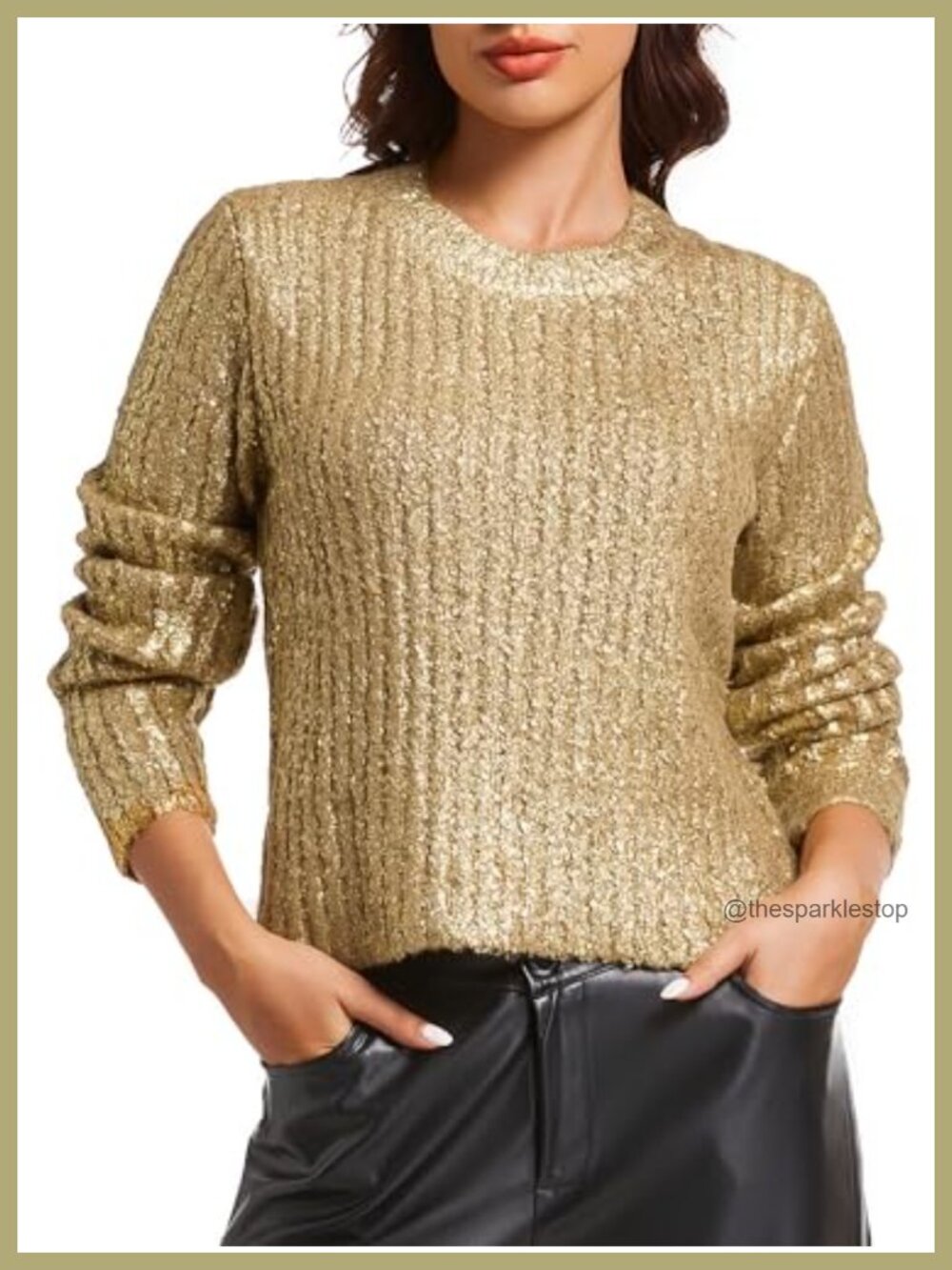 Women's Metallic Knit Pullover Sweater Sparkly Glitter Loose Fit Crew Neck Long